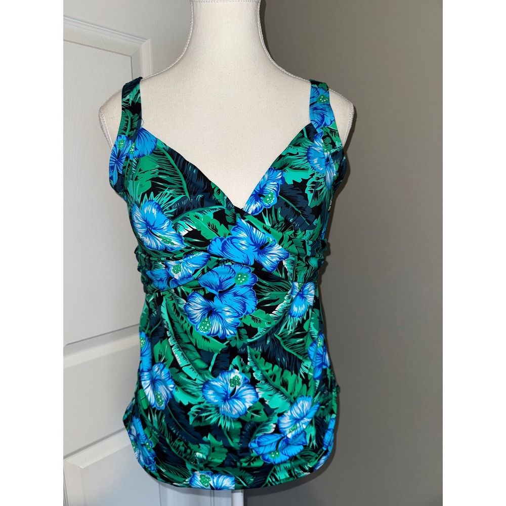 Lands End Tropical Floral Tankini Top Blue Green Hibiscus Underwire Size 12